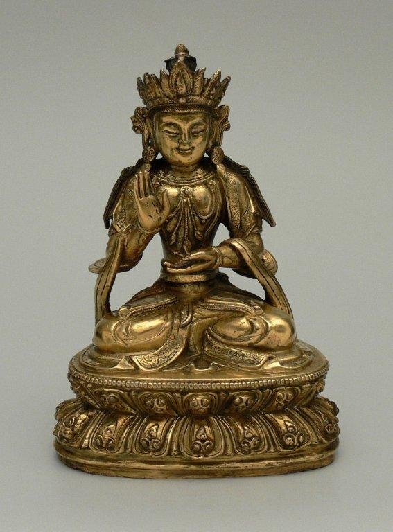 Bodhisattwa Manjusri, China, 18th century in Ming Dyna: Bodhisattwa Manjusri, China, 18th century in Ming Dynasty (1368-1644) style; gilded bronze 6¾ in (17 cm) high