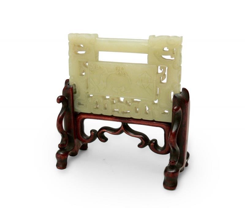 Chinese Plaque on Stand, 19th c. jade, carved wood;: Chinese Plaque on Stand, 19th c. jade, carved wood; decoration with landscape and archaic type letters; 5.5 × 7.7 cm, overall height 9.1 cm