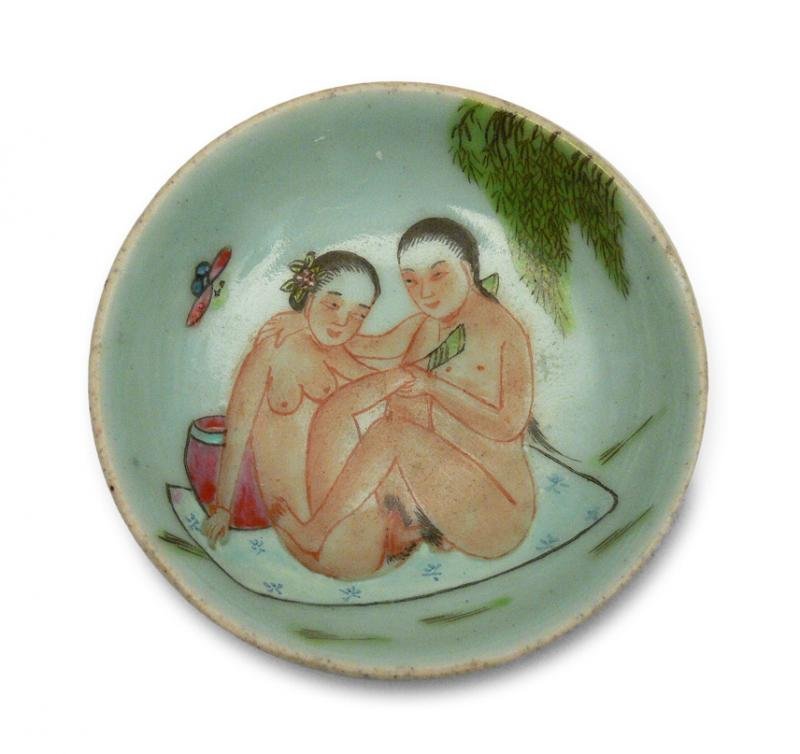 Chinese Bowl, 20th c. porcelain, overglaze paints;: Chinese Bowl, 20th c. porcelain, overglaze paints; decoration with erotic scene; mark on the bottom; diameter 9 cm