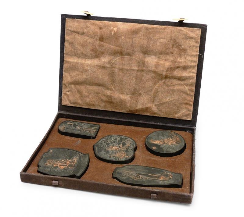 Box with Ink Stones, China, 19th/20th c. ink stone,: Box with Ink Stones, China, 19th/20th c. ink stone, cardboard; case 24 × 17 cm