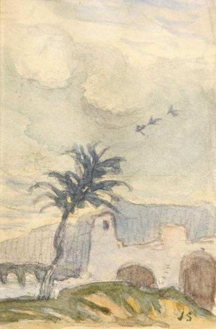 Jan Stanislawski (Polish, 1860-1907), Landscape: Jan Stanisławski (Polish, 1860-1907), Landscape (two-sided painting) pencil, watercolor, paper, 3.5 × 2.25 in (9 × 6 cm) in a frame signed JS (lower right) on the back proof of authen