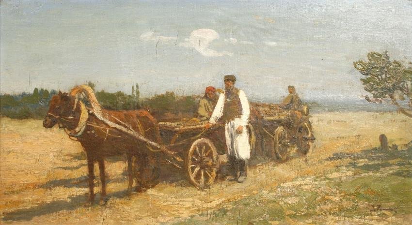Iwan Trusz (Polish/Ukrainian, 1869-1940), Farmer's: Iwan Trusz (Polish/Ukrainian, 1869-1940), Farmer's Cart oil, plywood, 11.25 × 20.25 in (28.5 × 51.5 cm) signed I.Trusz (lower right)
