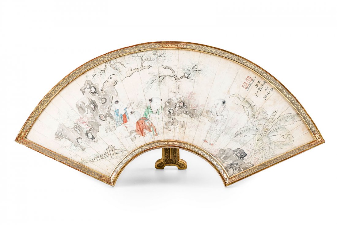 A fan painting, mounted and framed, China, 19th ct.: A fan painting, mounted and framed, China, 19th ct. watercolor, paper theme of children in a landscape