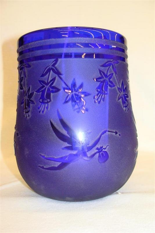 Signed Pilgrim Cameo Glass Vase, American Made. Signed : Signed Pilgrim Cameo Glass Vase, American Made. Signed & Dated; Depicts Fairies in Flight and Flowers on Cobalt Color. Auction Estimate $100- 200.