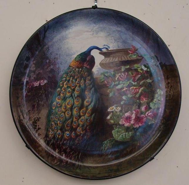 19th Century Hand painted Porcelain Charger, Artist Ini: 19th Century Hand painted Porcelain Charger, Artist Initialed; W.V. Decorated with Flowers & a Peacock. 19.75" Diameter, Marked F.B. Paris on Back. Auction Estimate $300-400.