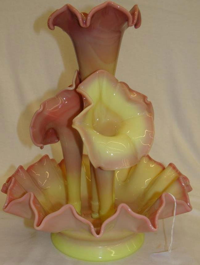 Beautiful Fenton Art Glass Burmese Four Horn Epergne, C: Beautiful Fenton Art Glass Burmese Four Horn Epergne, Crimped Bowl; 13.5" Ht. Auction Estimate $200-300.
