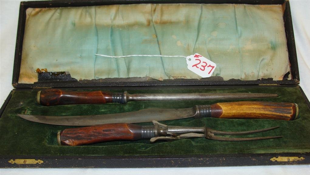 3pc Antique Carving Set by Alfred Field & Co of Sheffie: 3pc Antique Carving Set by Alfred Field & Co of Sheffield England with bone Handles & Sterling Silver Ferrules. Auction Estimate $50-100.