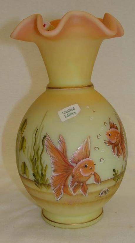 Limited Edition Fenton Art Glass Vase, Decorated with F: Limited Edition Fenton Art Glass Vase, Decorated with Fish & Frogs in Water Scene. Ltd Ed #1992/2500. Burmese Color. Signed by Multiple Artists; 9.25" Ht. Auction Estimate $50-100.