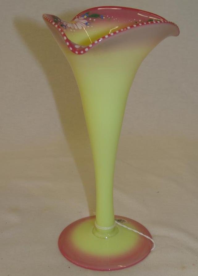 Pairpoint Burmese Art Glass Vase with hand Painted Flow: Pairpoint Burmese Art Glass Vase with hand Painted Flowers on Top, Shades from Pink to Yellow, Pairpoint Label on Bottom; 7.25" Ht. Auction Estimate $50-100.