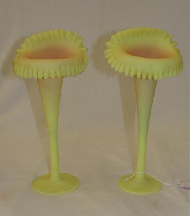 Pair of Art Glass Peach Blow Jack in the Pulpit Vases; : Pair of Art Glass Peach Blow Jack in the Pulpit Vases; 8.5" Ht. Auction Estimate $50-100.