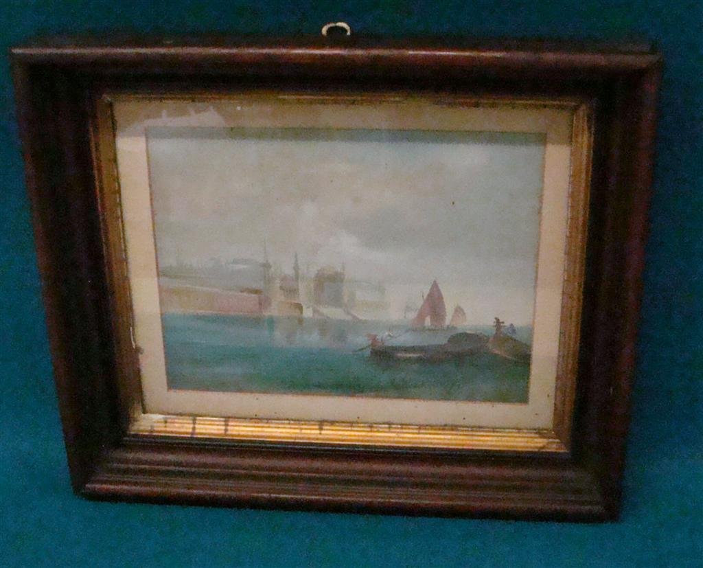 19th Century Artist Signed Watercolor of a Shoreline: 19th Century Artist Signed Watercolor of a Shoreline Scene of Men in their Gondolas Artist Signed J. Harris & Dated 1897 in Frame of the Period; 14.75" x 17.75". Auction Estimate $200-300.