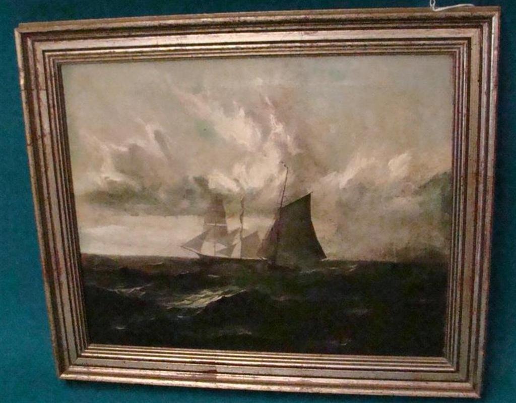 19th Century Oil on Canvas Painting Depicting Two Sail: 19th Century Oil on Canvas Painting Depicting Two Sail Boats at Sea with Approaching Storm. From a MA Estate. 16.5" x 20" Framed; Note: Canvas Was Relined years Ago. Auction Estimate $300-400.