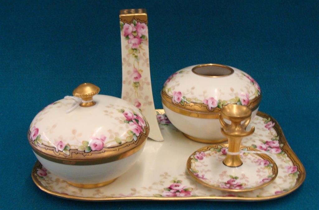 Exquisite 19th Century Hand Painted Dresser Set:: Exquisite 19th Century Hand Painted Dresser Set: Includes an 11.5 x 8" Tray by Limoges, a Bavarian Hair Receiver & Powder Jar, a Rosenthal Ring Holder & an Unsigned Hatpin Holder. All with Matching Go