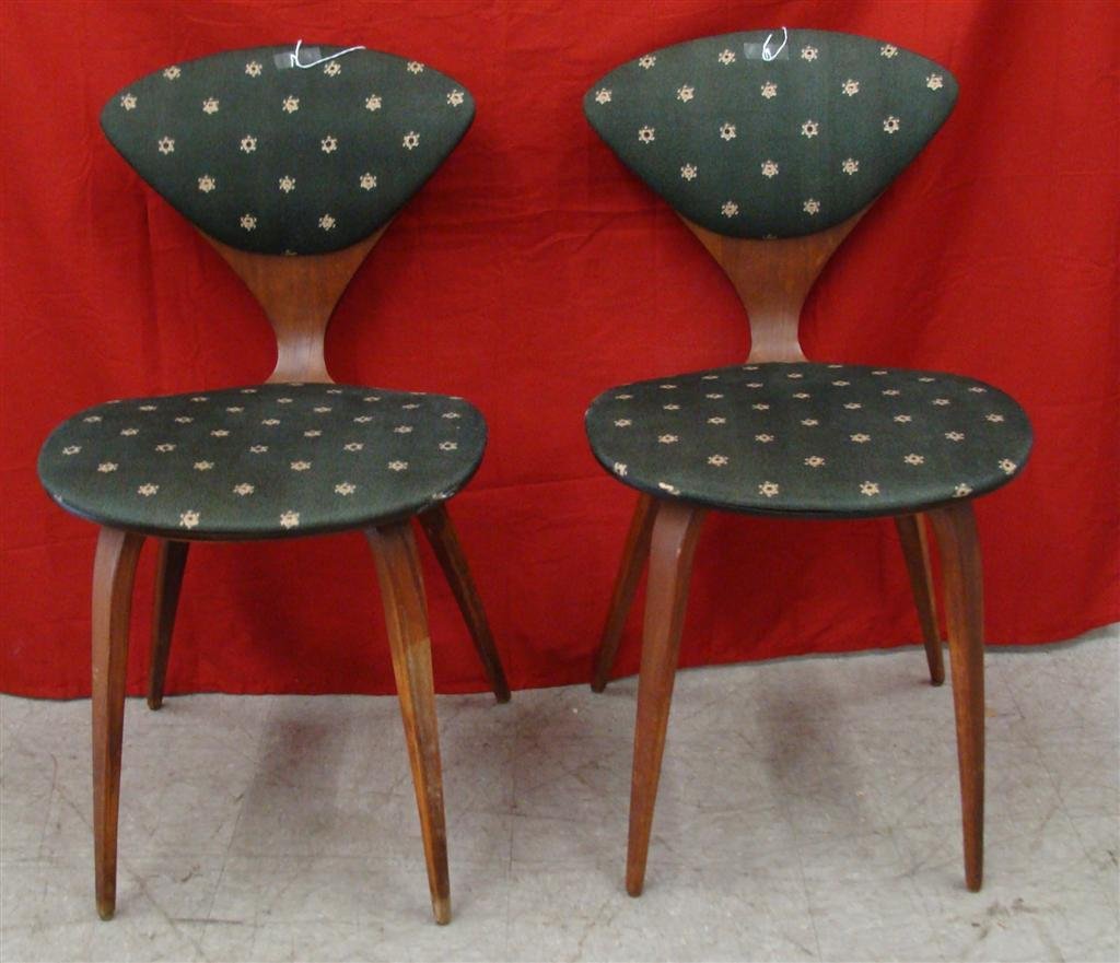 Pair of Vintage Norman Cherner Side Chairs by Plycraft,: Pair of Vintage Norman Cherner Side Chairs by Plycraft, Walnut Original Finish, All Clear Glides Intact. Auction Estimate $400- 600.