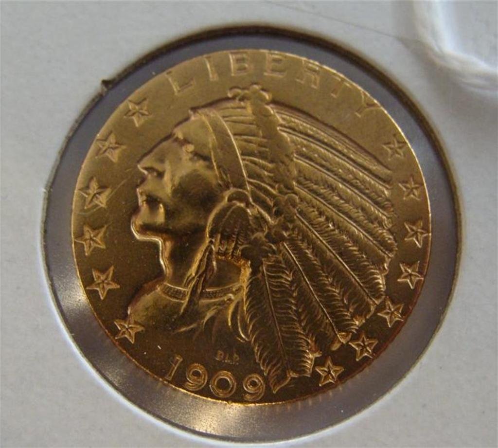 1909 US 5 Dollar Gold Coin Half Eagle Indian Head.: 1909 US 5 Dollar Gold Coin Half Eagle Indian Head. Auction Estimate $600-800.