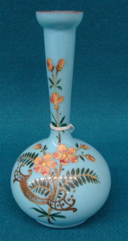 19th Century Hand painted Art Glass Vase on a Blue: 19th Century Hand painted Art Glass Vase on a Blue Background; 7.75" Ht. Auction Estimate $50-100.
