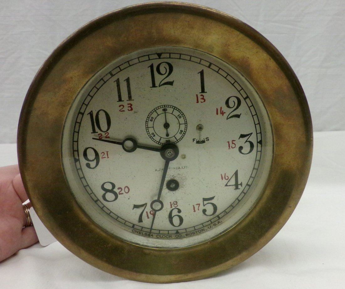 Chelsea Ships Clock; Boston, MA; 7.25" Diameter,: Chelsea Ships Clock; Boston, MA; 7.25" Diameter, Working Condition. Auction Estimate $200-400.