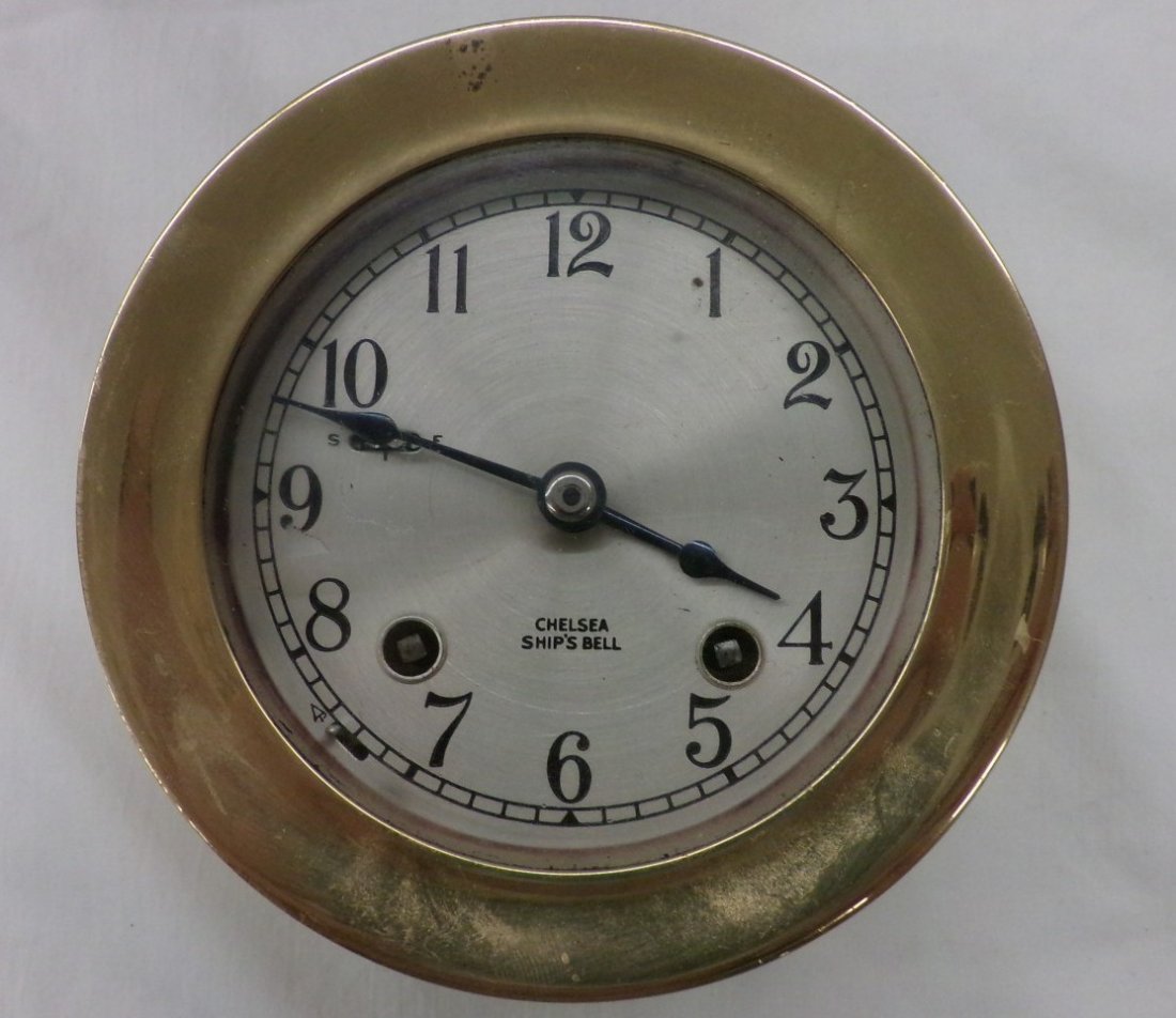 Chelsea Ships Bell Clock; 4.75" Diameter, Working: Chelsea Ships Bell Clock; 4.75" Diameter, Working Condition; Time & Strike. Auction Estimate $200- 400.