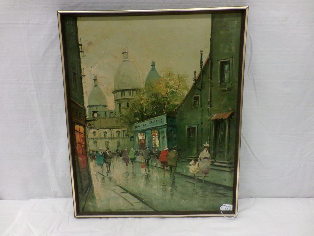Oil on Canvas Painting of a Paris Winter Street Scene.: Oil on Canvas Painting of a Paris Winter Street Scene. Artist Signed Illegibly; Lower Right. 25.25" x 21.5". Auction Estimate $100-200.