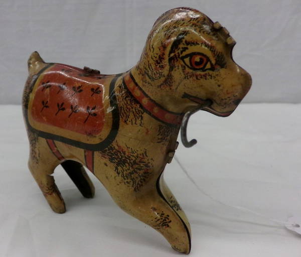 Antique Wind Up Tin Litho Wind Up Toy Dog With Cane In