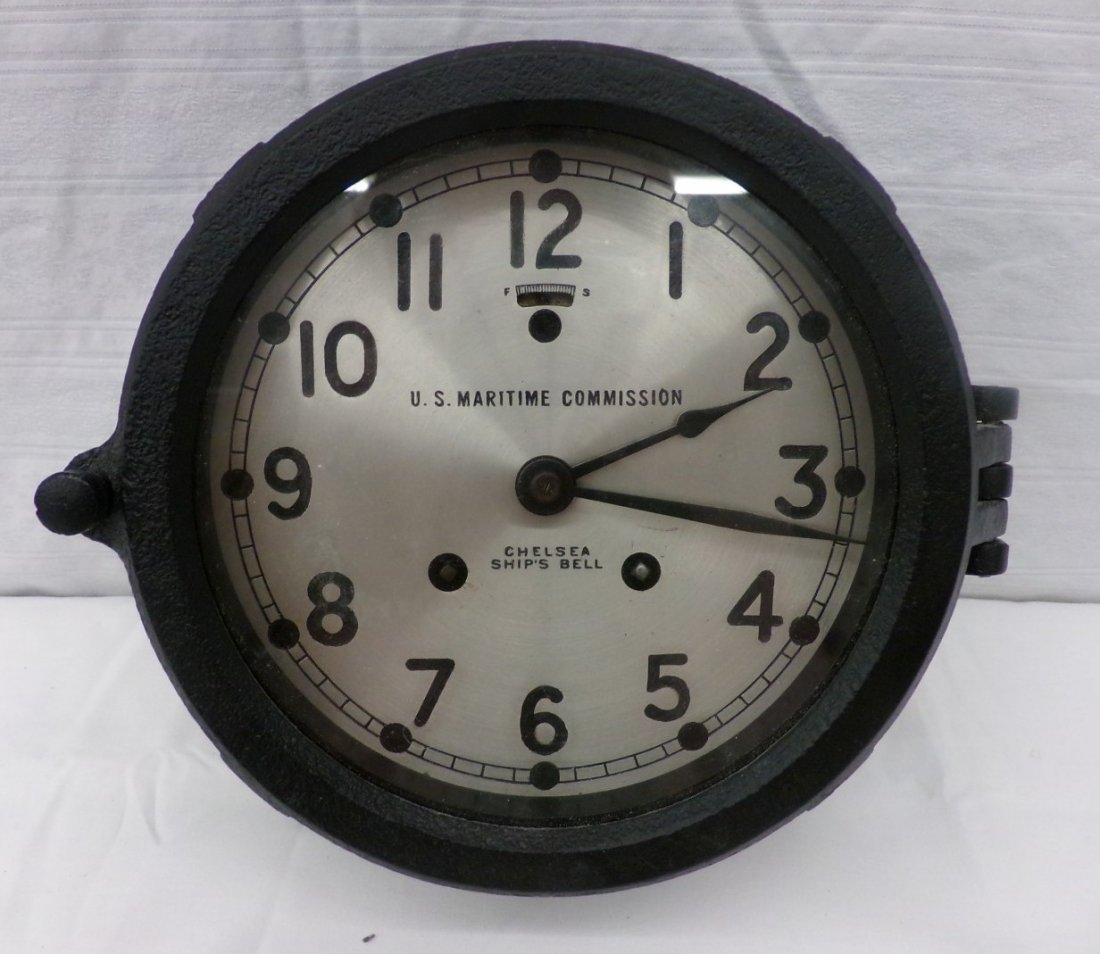 US Maritime Commission Chelsea Ships Bell Clock in: US Maritime Commission Chelsea Ships Bell Clock in Working Condition; 6.5" Diameter. Auction Estimate $200-400.