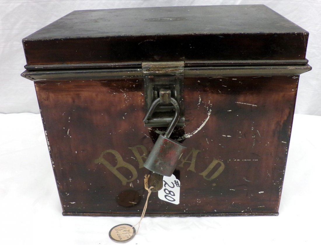 Primitive Bread Box Manufactured by Kreamer. Black and: Primitive Bread Box Manufactured by Kreamer. Black and Gold Paint. Auction Estimate $50-100.