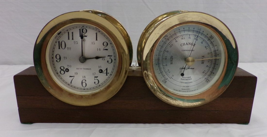 Two Piece Seth Thomas Ships Bell Clock and Barometer;: Two Piece Seth Thomas Ships Bell Clock and Barometer; Working Condition. Auction Estimate $200-300.