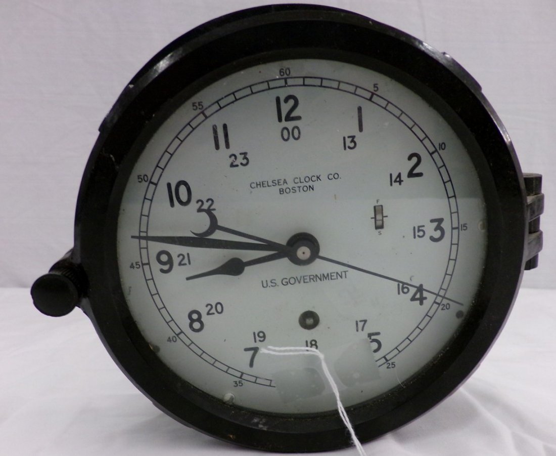 Chelsea Clock Co, Boston, US Government Ships Clock in: Chelsea Clock Co, Boston, US Government Ships Clock in Black case; 6.5" Diameter. Working Condition. Auction Estimate $200-300.