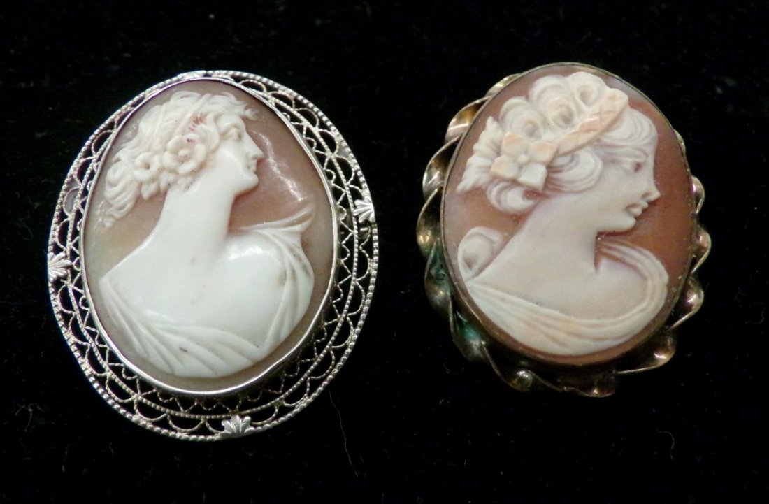 2 Antique Cameos; Gold Filled with Turned Frame and: 2 Antique Cameos; Gold Filled with Turned Frame and Lady with Flowers in Hair & a 14K White Gold with Filigree Frame and Elegant Lady. Auction Estimate $400-600.