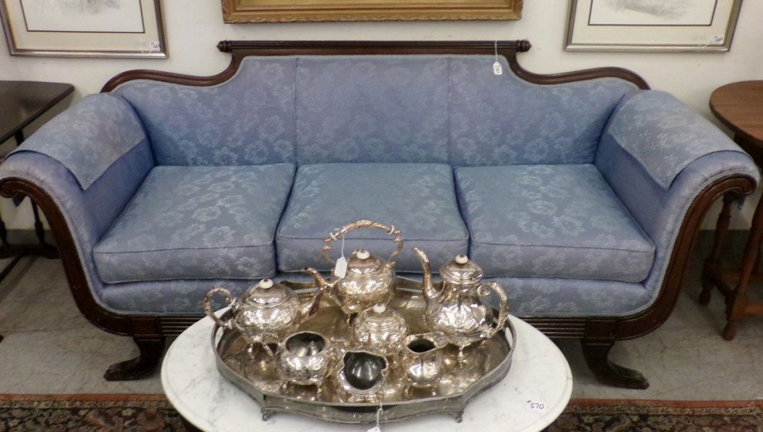 Antique Duncan Phyfe Sofa Upholstered with a Blue: Antique Duncan Phyfe Sofa Upholstered with a Blue Floral Print Upholstery in Excellent Condition. Auction Estimate $400-600.