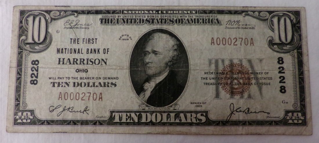 Ungraded $10 National Bank Note; Harrison, OH, 1929.: Ungraded $10 National Bank Note; Harrison, OH, 1929.