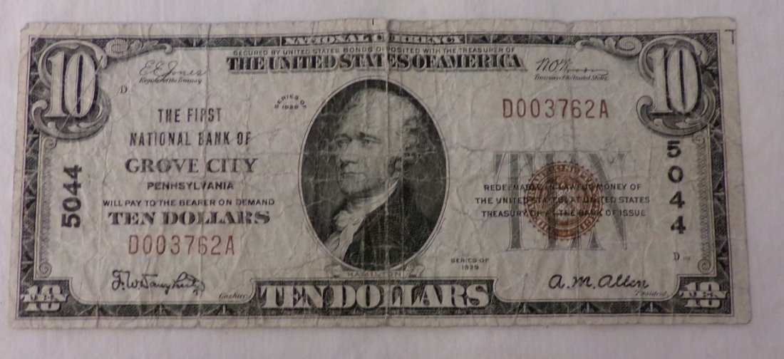 Ungraded $10 National Bank Note; Grove City, PA; 1929: Ungraded $10 National Bank Note; Grove City, PA; 1929 Series.