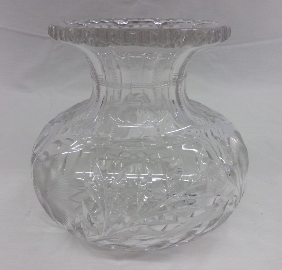 Brilliant Period Cut Glass Flower Center with Hobstar: Brilliant Period Cut Glass Flower Center with Hobstar Base and Intaglio Cut Flowers; 6" Ht. Auction Estimate $100- 200.