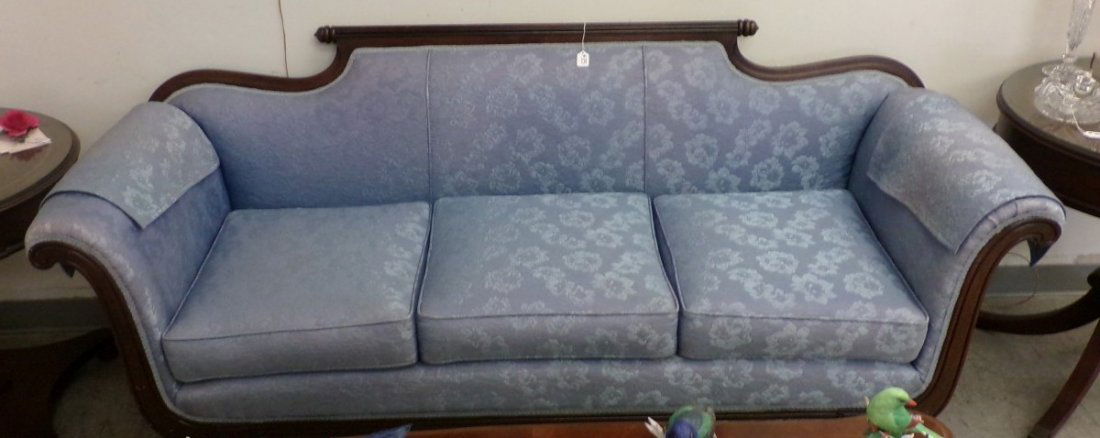 Duncan Phyfe 3 Cushioned Sofa in Excellent Condition;: Duncan Phyfe 3 Cushioned Sofa in Excellent Condition; Blue Floral Upholstery with Carved Wooden Arms & Back & Paw Feet. Auction Estimate $400- 600.
