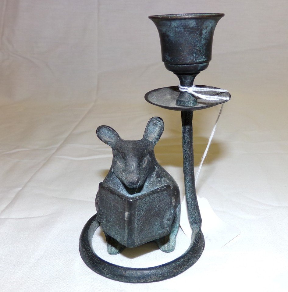 Bronze Candleholder of a Mouse Reading a Book. Auction: Bronze Candleholder of a Mouse Reading a Book. Auction Estimate $50-100.