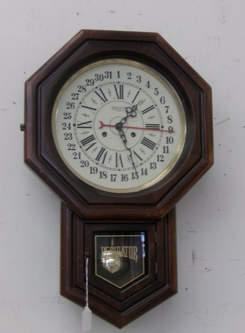 14 Day Cathedral Chime Regulator Clock in Mahogany Case;: 14 Day Cathedral Chime Regulator Clock in Mahogany Case; New England Clock Co. Working Condition with Key. Auction Estimate $100-200.