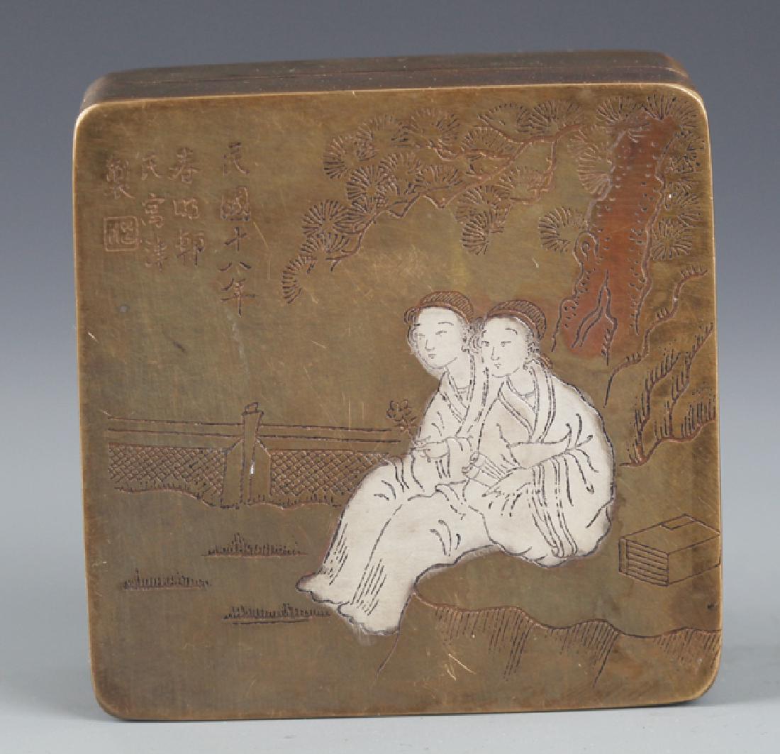 A FINELY STORY CARVED BRONZE INK BOX (1 of 5)