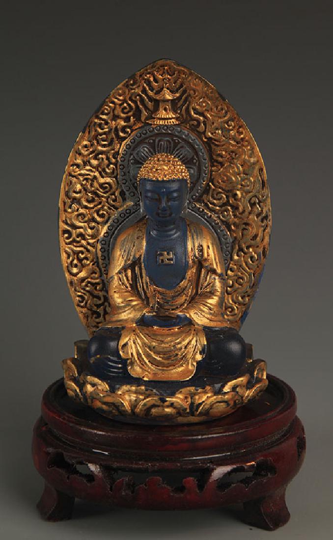 A BLUE GLASS GILT AMITAYUS BUDDHA STATUE (1 of 4)
