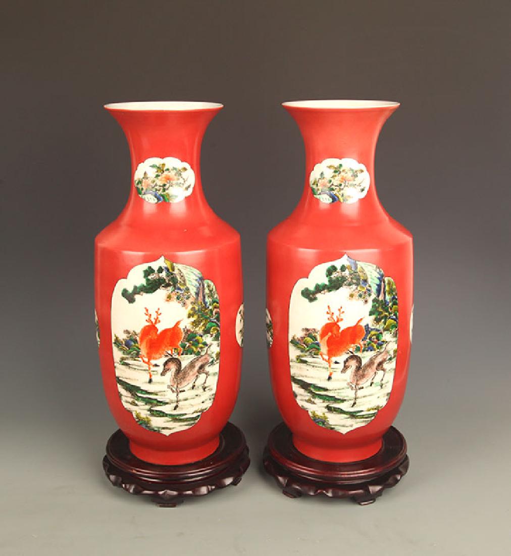 PAIR OF RED COLOR STORY PAINTED PORCELAIN JAR (1 of 9)