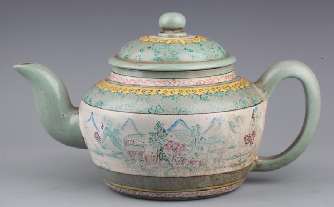 A lARGE BLUE COLOR FINELY PAINTED ZISHA TEA-POT (1 of 6)