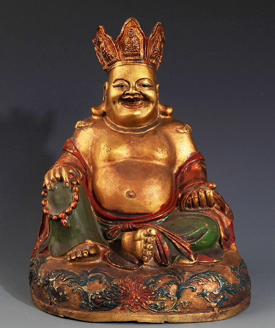 A COLORED AND FINELY CARVED BRONZE MAITREYA BUDDHA (1 of 9)