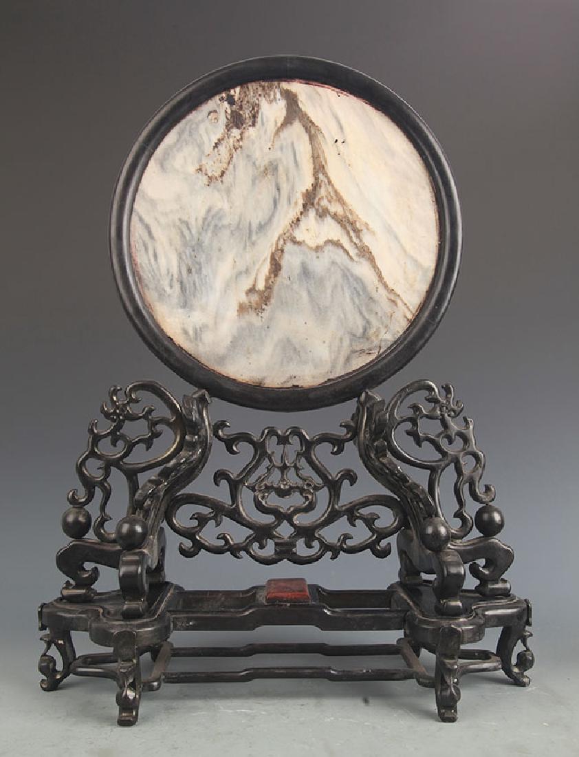 A FINE SANDALWOOD INLAY STONE TABLE SCREEN (1 of 7)