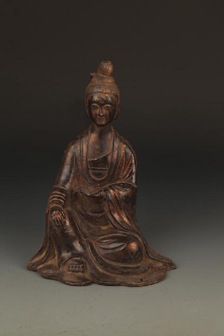 A FINELY CARVED BRONZE GUAN YIN BUDDHA FIGURE: Ming Dynasty, High: 9.25 inch ; Width: 4.25 inch