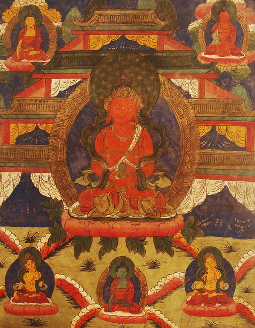 A FINE TIBETAN BUDDHA THANGKA ON SHEEPSKIN (1 of 4)