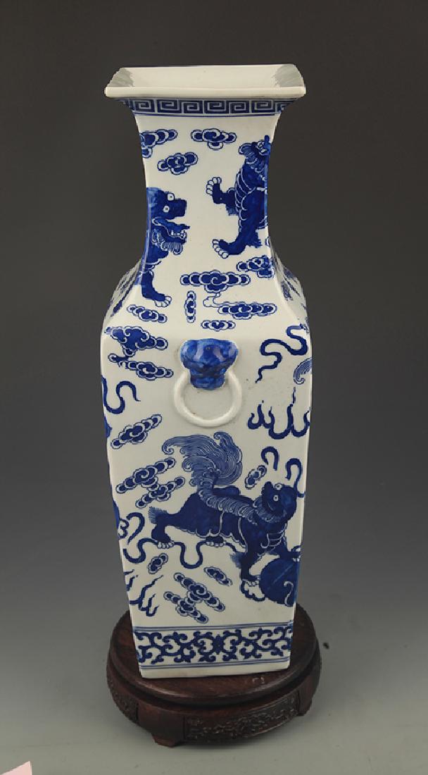 Blue and White Lion Playing Square Vase: Qing Dynasty Qian Long Period, High: 16.5 inch; Width: 5.25 inch