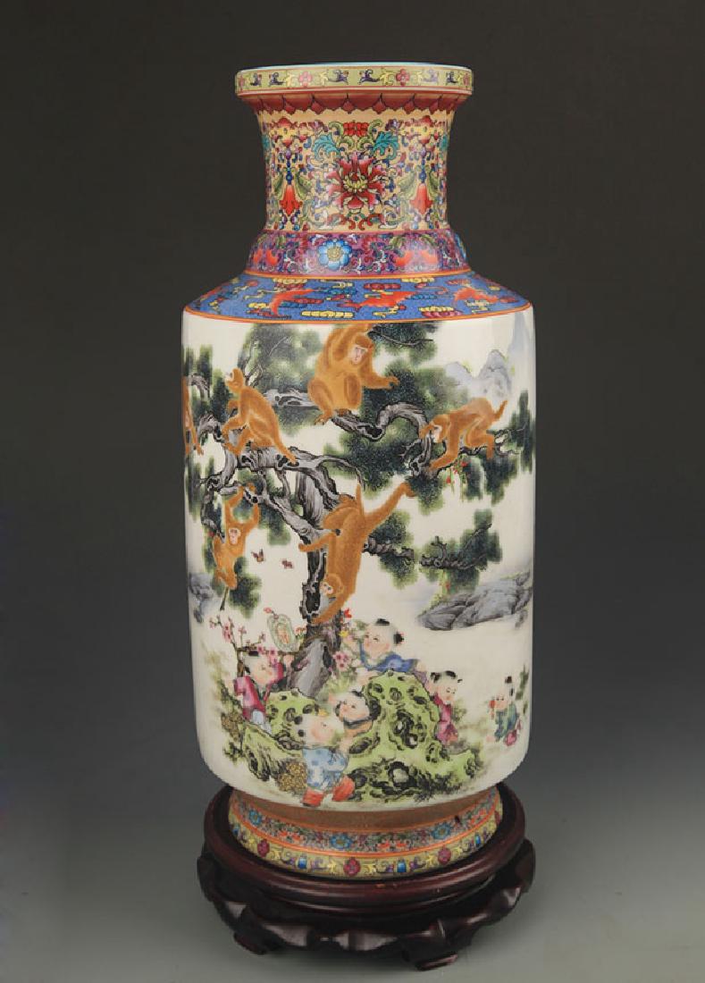 A Famille Rose Monkey Painted Porcelain Vase (1 of 5)