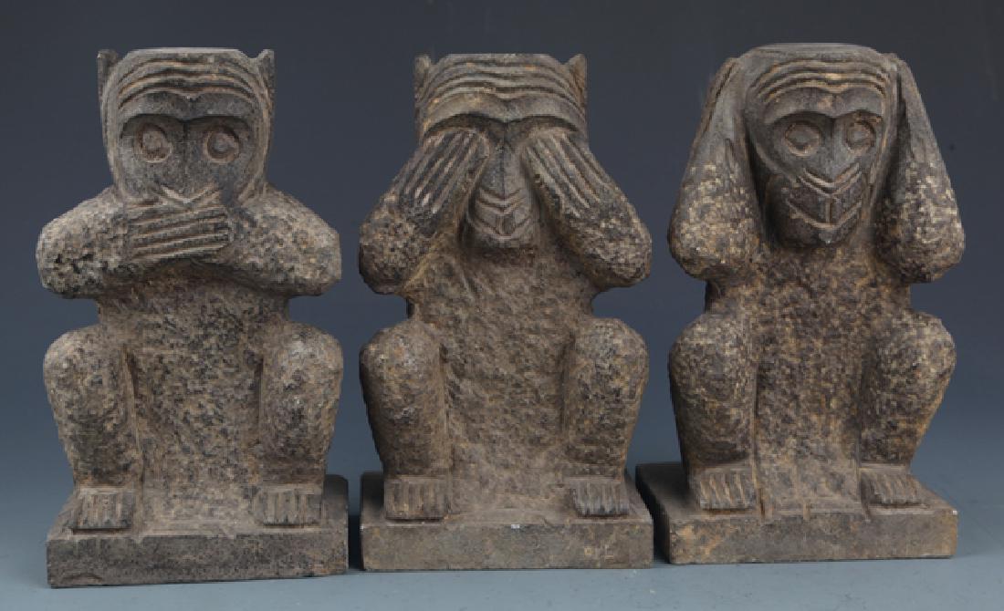 A GROUP OF THREE FINELY CARVED STONE MONKEY (1 of 5)