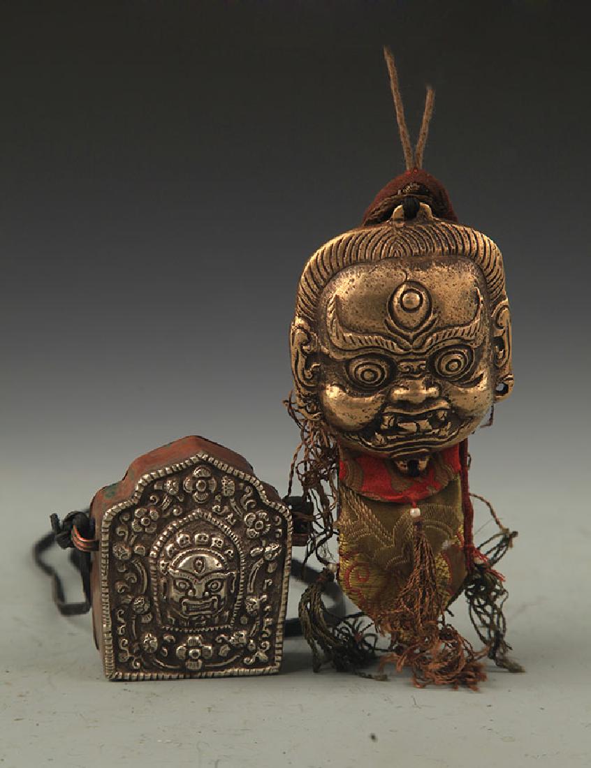 PAIR OF COWHIDE WITH BRONZE TIBETAN BUDDHISM PENDANT (1 of 4)