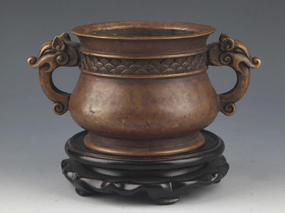 FINELY CARVED DOUBLE EAR BRONZE CENSER (1 of 7)