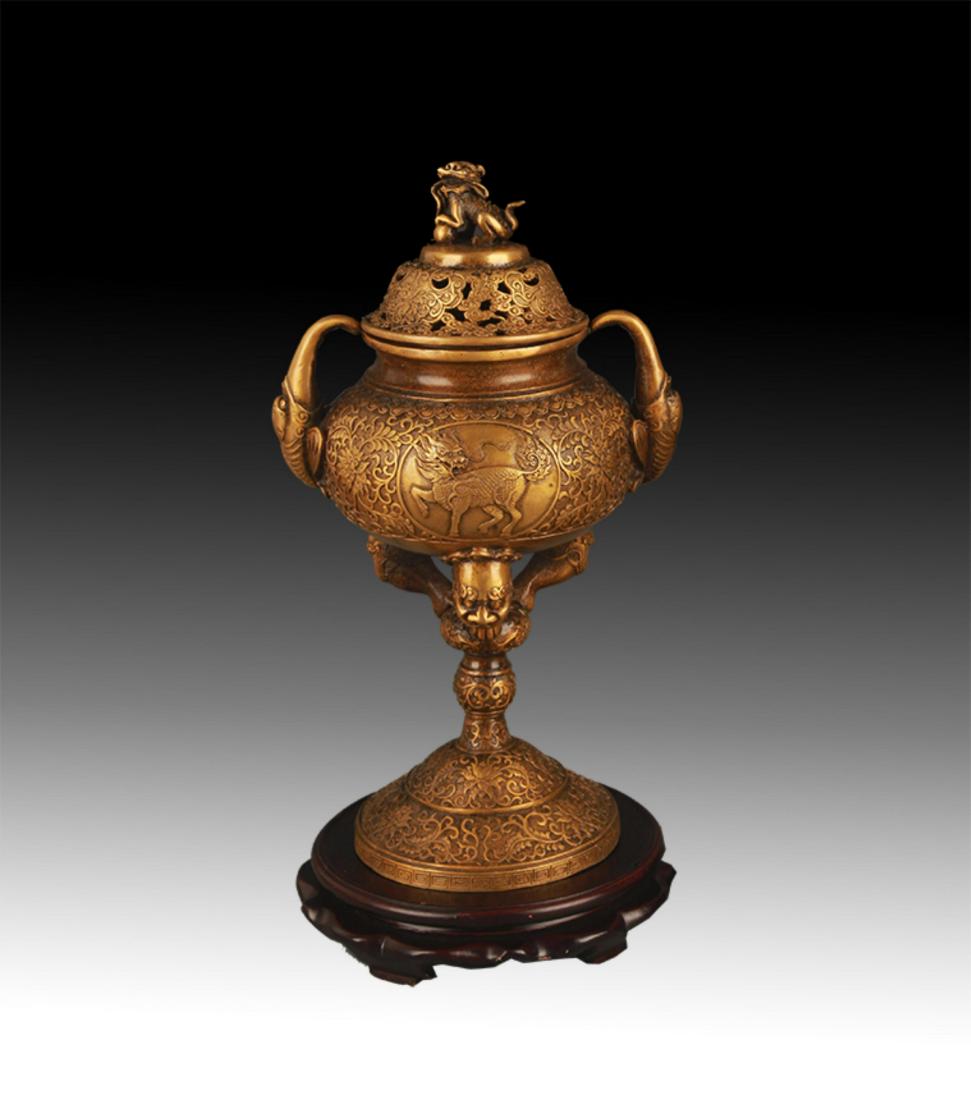 A TALL KIRIN CARVING LION TOP BRONZE AROMATHERAPY (1 of 7)